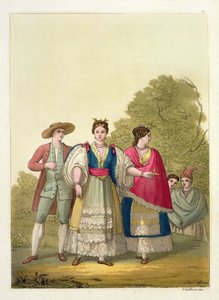 Peruanska män och kvinnor i traditionell dräkt (färggravyr)